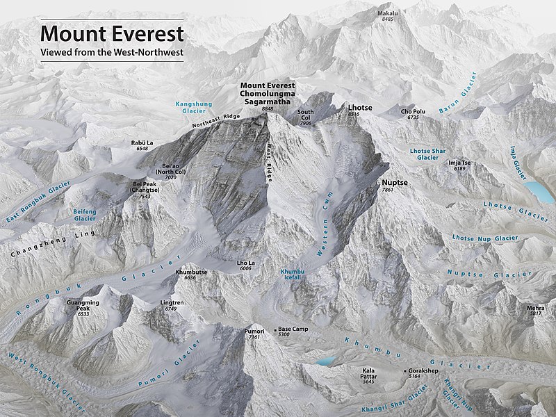 A Mount Everest-Csomolungma-Szágarmáthá és a környező hegycsúcsok. Forrás: Wikipedia