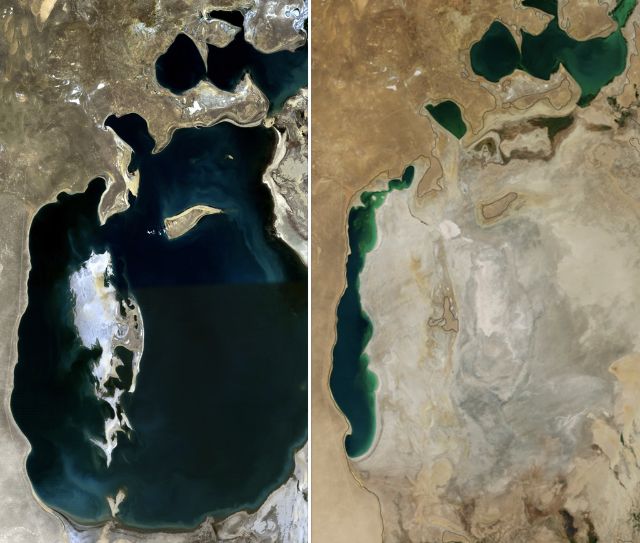 Az Aral-tó 1989-ben és 2014-ben