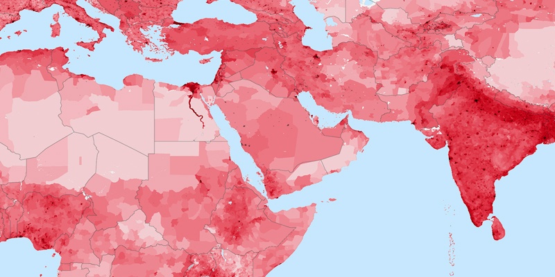 Ha a népsűrűség látszana az űrből, Egyiptom esetében tökéletesen kirajzolná a Nílus medrét és deltáját. Forrás: population.city
