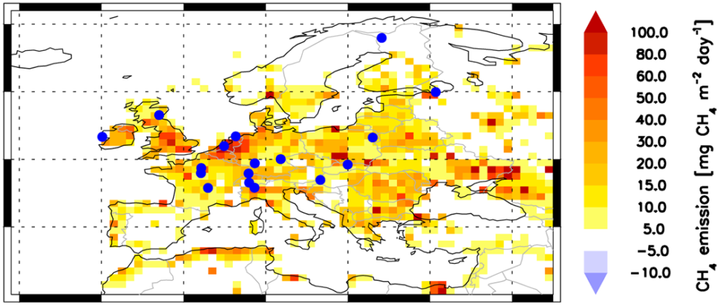 Az európai metánkibocsátás a légköri koncentráció-mérések és a TM5 inverz terjedési modell alapján. A kék pontok a mérőállomásokat jelölik