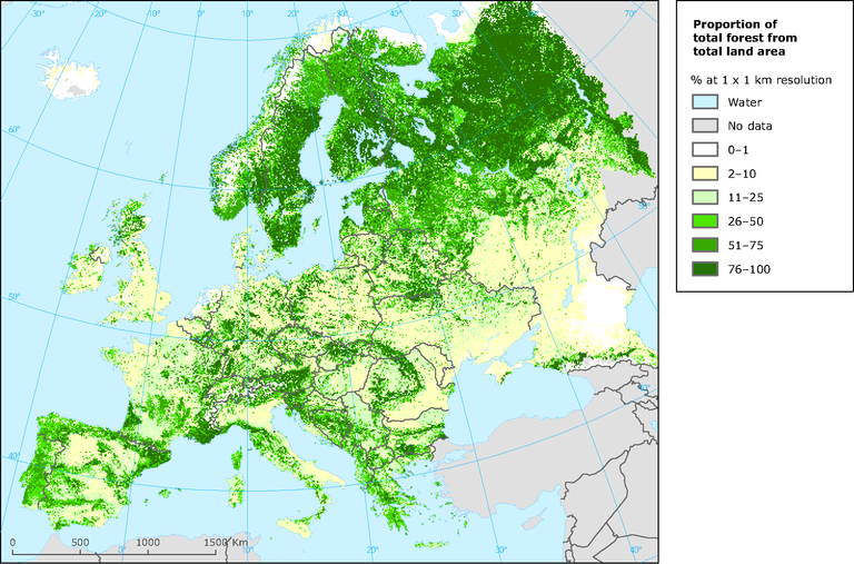 Az európai kontinens erdőborítottsága a skandináv térségben akár a 70%-ot is meghaladhatja. Kép forrása: eea.europa.eu