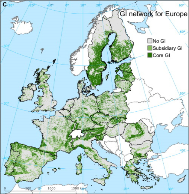 Az EU zöld infrastruktúra-hálózata (GI network. GI jelentése: Green Infrastructure). Kép forrása: ec.europa.eu