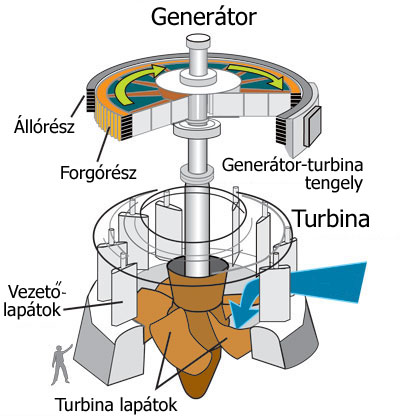 Vízerőmű turbinája, sematikus ábra. Kép forrása: wikimedia.org