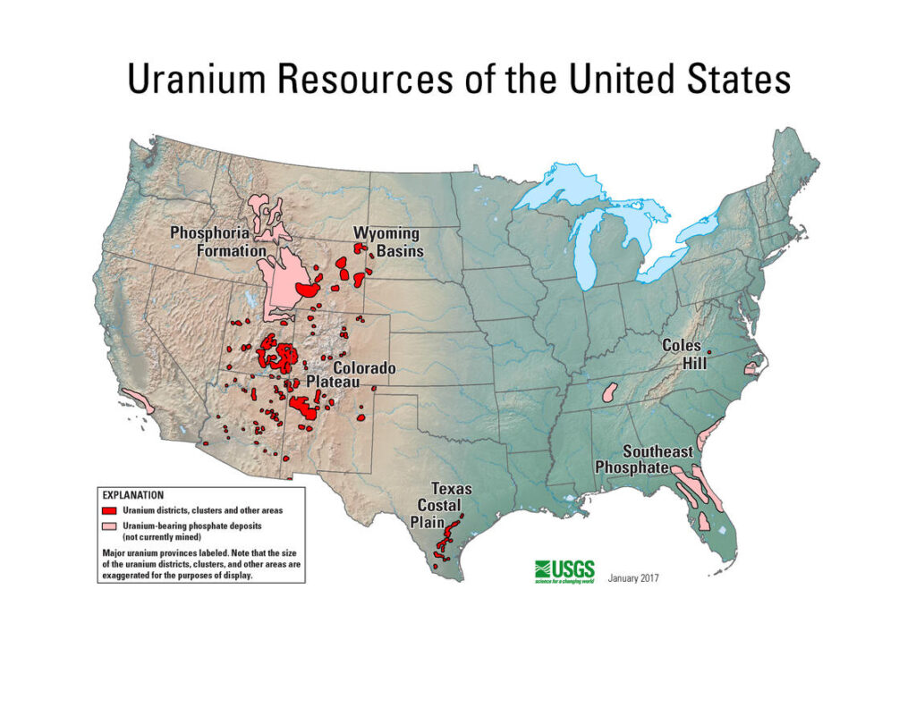 Feltárt uránlelőhelyek az USÁban. Kép forrása: usgs.gov