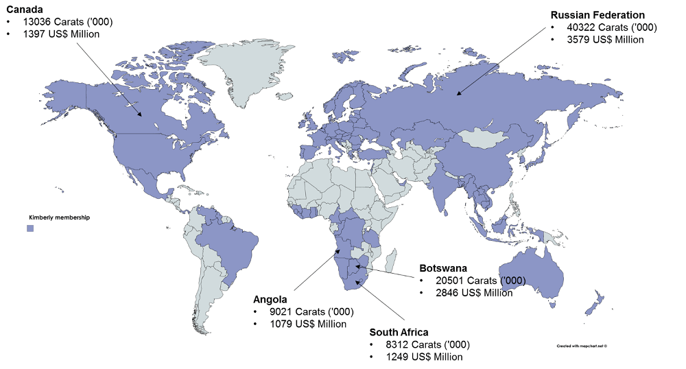 A világ legnagyobb gyémántkitermelő országai. Kép: rmis.jrc.ec.europa.eu - gyémántbánya