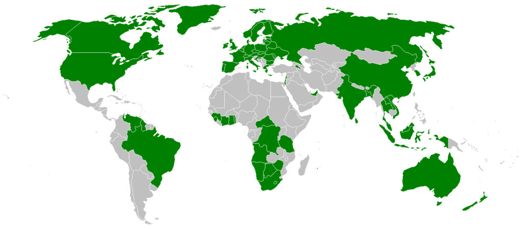 A Kimberley Egyezményt aláíró országok (zölddel jelölve). Kép: wikipedia