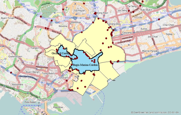 Szingapúrban egy viszonylag kicsi, de annál zsúfoltabb zónájában működik a dugódíj-rendszer. Kép forrása: sciencedirect.com 