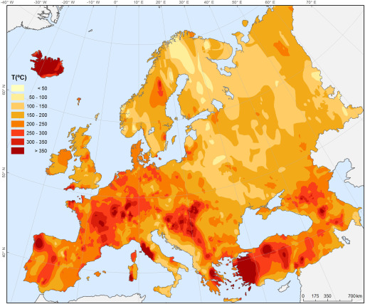 Európa geotermikus forrásai 9500 m-es mélységig. Kép forrása: euractiv.com