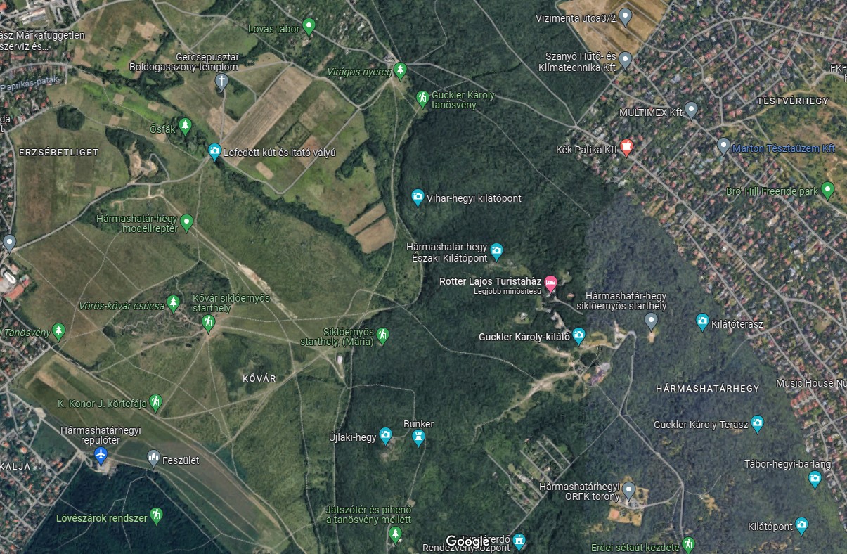 Kép: A pontosabb úti cél tervezéshez álljon itt először a Hármashatár-hegy Google térképe a főbb útvonalakkal és felkereshető érdekességekkel, látványosságokkal.